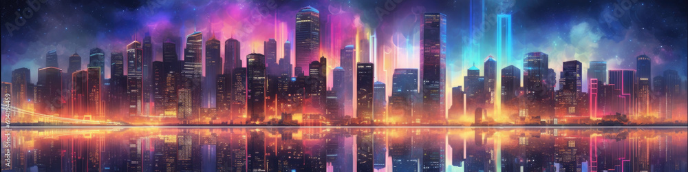 Poster skyline with neon colored city at night. cityscape with reflection in river. futuristic cyberpank ba