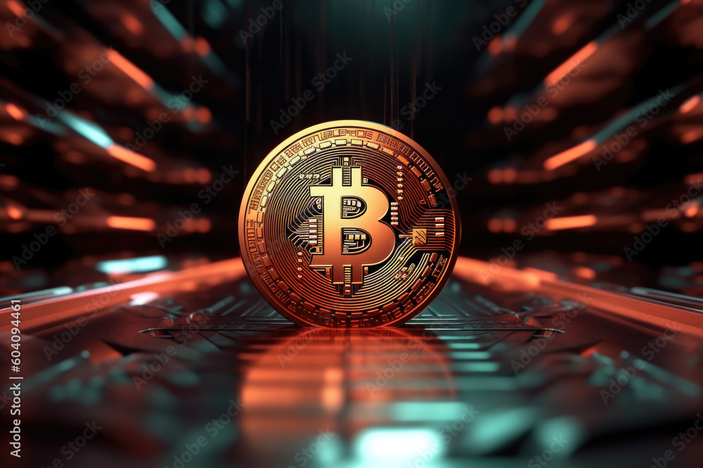 Poster virtual cryptocurrency concept. golden bitcoin against blurred technology background. created with g