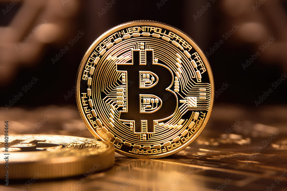 Poster virtual cryptocurrency concept. golden bitcoin against blurred technology background. created with g