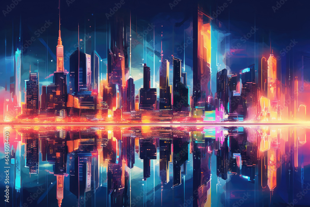 Poster skyline with neon colored city at night. cityscape with reflection in river. futuristic cyberpank ba