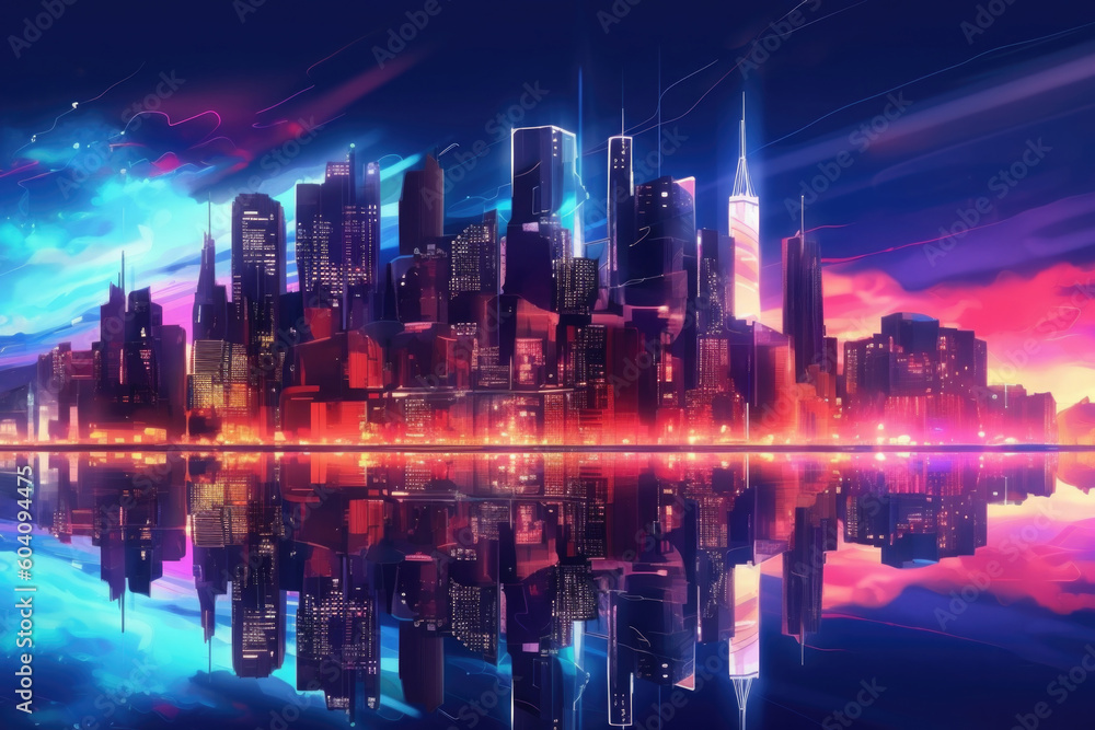 Poster skyline with neon colored city at night. cityscape with reflection in river. futuristic cyberpank ba