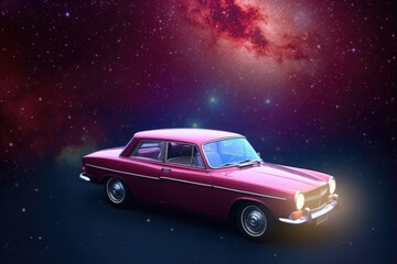Fototapeta na wymiar Futuristic retro car on galaxy and nebula background. Vehicle in space for futuristic travel. Creative spaceship. Created with Generative AI