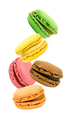 Colorful macaroons flying. French macaroons isolated on a transparent background