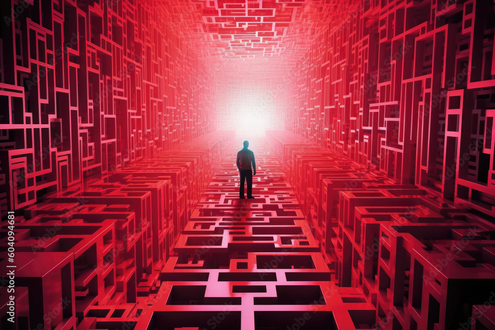 Aufkleber person find exit from labyrinth in digital world. human silhouette lost in futuristic technology maz