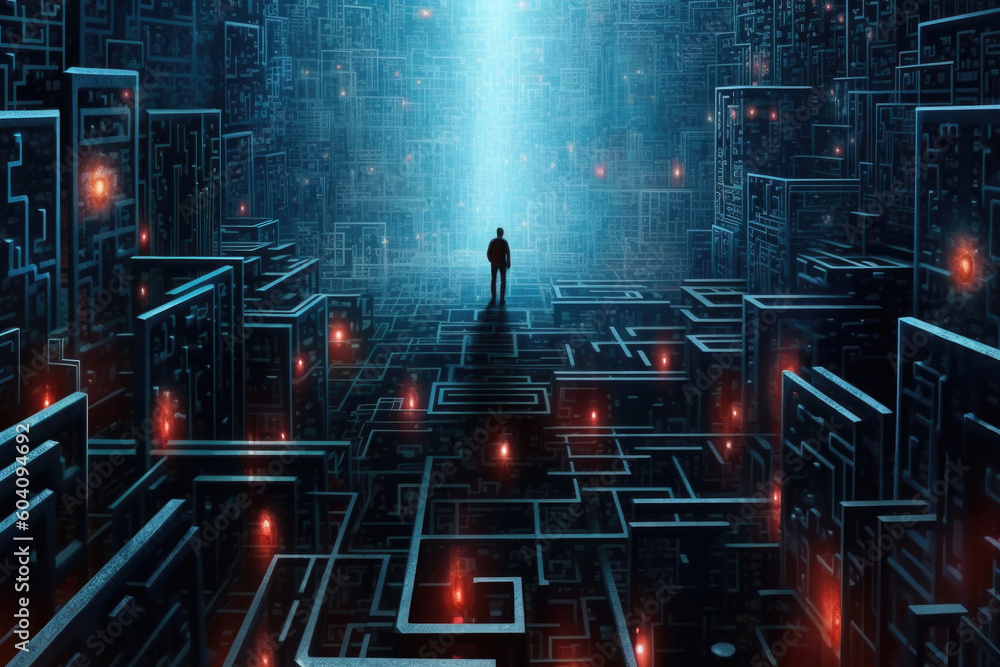 Poster person find exit from labyrinth in digital world. human silhouette lost in futuristic technology maz