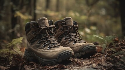 Pair of Hiking Boots on a Forest Trail