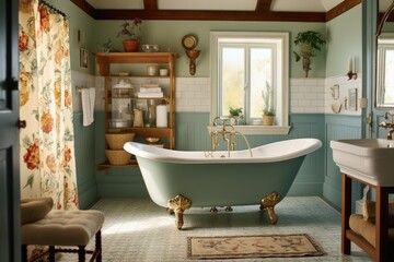 Vintage-inspired bathroom with clawfoot bathtub, patterned tiles, and antique fixtures, evoking a charming and nostalgic ambiance - Generative AI