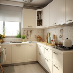 Scandinavian classic kitchen with wooden and white details, minimalistic interior design 3d illustration Generative AI