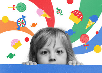 Cute, beautiful, little girl peeking out table and attentively looking against white background with colorful doodles. Contemporary art collage. Concept of childhood, emotions, dreams. Creative design