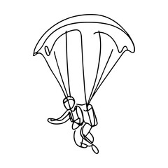 One line vector illustration. Skydiver in the sky. Minimalism. Paratrooper on a parachute.
