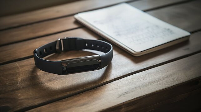 Fitness Tracker on a Wooden Table next to a Notebook