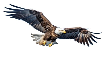 Bald eagle flying isolated on white background. Generative AI - obrazy, fototapety, plakaty