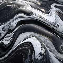 黒と銀色のメタリックでダイナミックな波。正方形の抽象背景バナー。AI生成画像