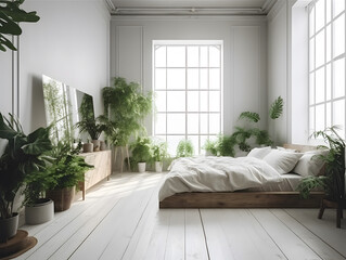 Home bedroom decorated with green plants. AI generated.