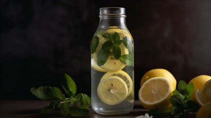 Fresh Water in a Glass Bottle with Mint and Lemon