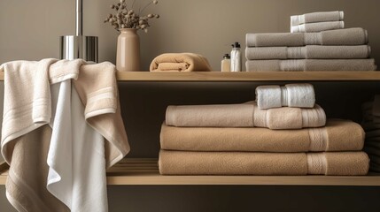 Luxury Bath Towels Stacked Neatly On A Wooden Shelf