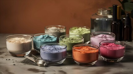 Collection Of Different Clay Masks In Glass Bowls