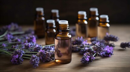 Fototapeta na wymiar Essential Oils With Lavender Flowers On Wooden Table