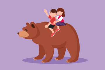 Graphic flat design drawing little boy and girl riding brown grizzly bear together. Children sitting on back bear at circus event. Kids learning to ride beast animal. Cartoon style vector illustration
