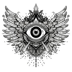 Eyeball with wings, black and white linear tattoo design, 