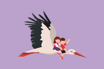 Character flat drawing of happy little boy and girl flying with stork together. Children fly and sitting on back stork bird at sky. Kids learning to ride cute stork. Cartoon design vector illustration