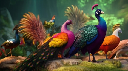 Obraz premium AI Generative photos of a mutilple of magical peacocks with enchanted colors in the enchanted forest