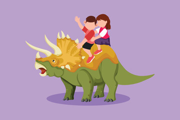 Graphic flat design drawing adorable little boy and girl caveman riding triceratops together. Kid sitting on back of dinosaur. Stone age children. Ancient human life. Cartoon style vector illustration © onetime