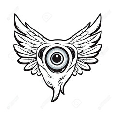 Eyeball with wings, black and white linear tattoo design, 
