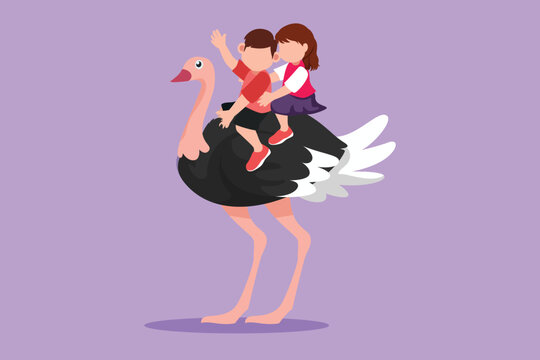 Character flat drawing happy little boy and girl riding cute ostrich together. Children sitting on back ostrich with holding its neck. Kid learning to ride ostrich. Cartoon design vector illustration