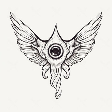 Eyeball with wings, black and white linear tattoo design,