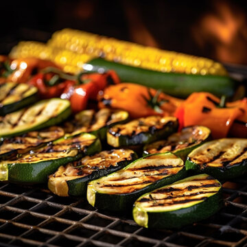 Grilled vegetables colorful bell pepper, zucchini, eggplant with basil and dry herbs on a plate over dark slate, stone, concrete or metal background.Top view. summer bbque vegetarian healthy food 
