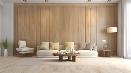 Fototapeta na wymiar Interior wooden home design. Minimalistic living room decoration. AI generated.