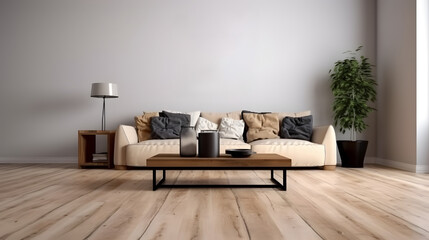 Interior wooden home design. Minimalistic living room decoration. AI generated.