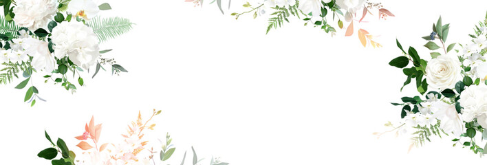 Classic white peony, hydrangea, magnolia and orchid flowers, eucalyptus, fern, rose, greenery, vector horizontal banner