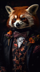 Red panda dressed in an elegant suit with a nice tie. Fashion portrait of an anthropomorphic animal, shooted in a charismatic human attitude - Generative AI