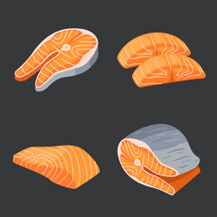 Salmon meat illustration vector bundle. Red fish salmon for sushi food menu vector illustration. Set of sliced pieces of salmon