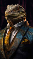 Komodo dragon dressed in an elegant suit with a nice tie. Fashion portrait of an anthropomorphic animal, reptile, iguana,  shooted in a charismatic human attitude - Generative AI