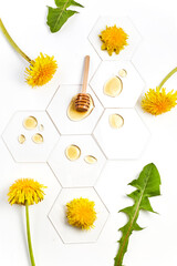Dandelion yellow honey drop and stick with dandelion flowers on white background.