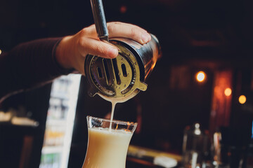 close up closeup detail Classy bartender barman pouring rum based drink cocktail shaker in bar...