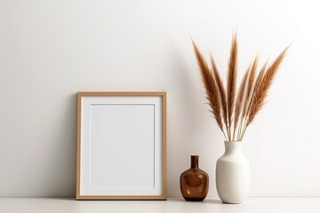 Wooden picture frame mockup. Neutral still life interior. Light wall background. Empty copy space. 