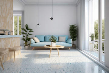 Fototapeta na wymiar Modern cozy living room, classic clean interior design with blue, white and beige colors. Super photo realistic background, generative ai illustration