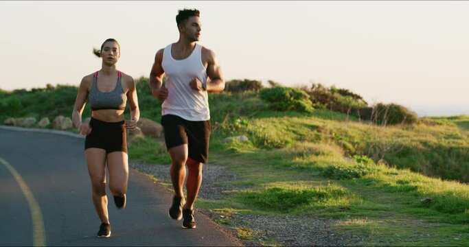 Couple fitness, running and in the street for cardio, exercise and a morning workout. Health, nature and a man and woman on a run in the street for marathon training, wellness and sport together