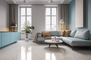 Naklejka na ściany i meble Modern cozy living room, classic clean interior design with blue, white and beige colors. Super photo realistic background, generative ai illustration