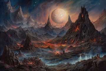 Fantasy landscape with moon concept art, 