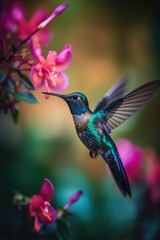 Obraz premium Hummingbird and flowers. Generative ai. 