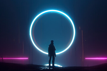 silhouette of a person in front of a glowing blue circle, 