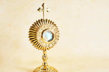 Ostensory for worship for Catholic church ceremony. Corpus christi.