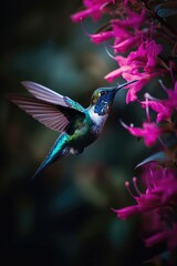 Fototapeta premium Hummingbird feeding on a flower. Generative ai. 