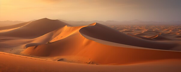 Fototapeta na wymiar Sahara Sands. Majestic Desert Landscape at Sunset. A Journey Through the Desert Dunes. Generative AI illustrations.