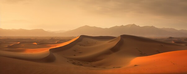 Naklejka na ściany i meble Sahara Sands. Majestic Desert Landscape at Sunset. A Journey Through the Desert Dunes. Generative AI illustrations.